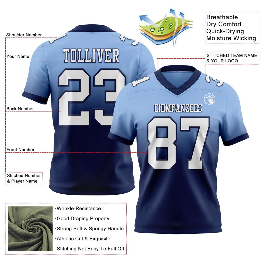Custom Light Blue White-Navy Authentic Fade Fashion Football Jersey photo 2