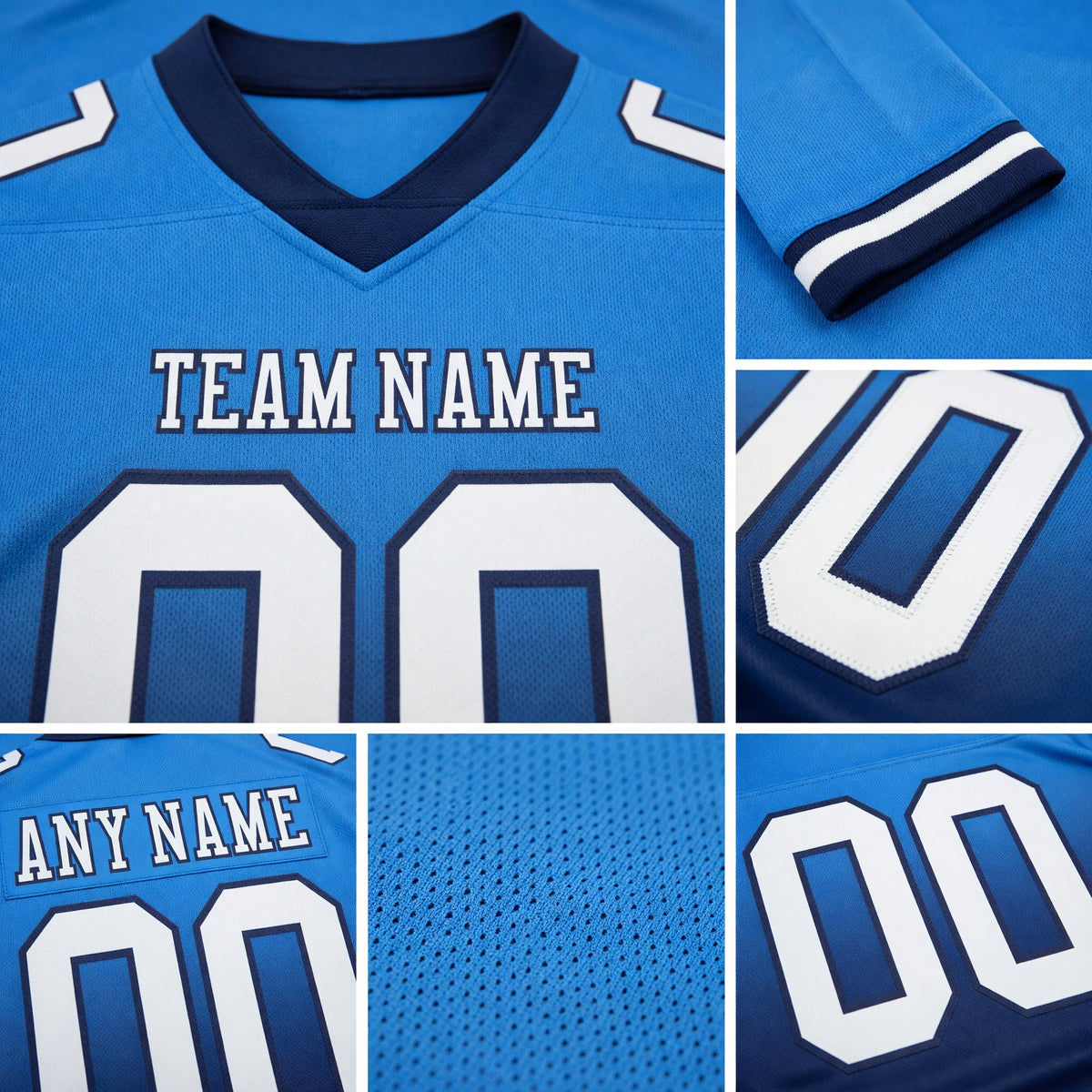 Custom Powder Blue White-Navy Authentic Fade Fashion Football Jersey detail