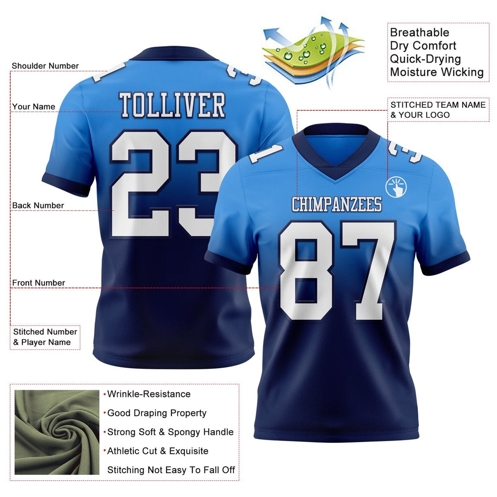 Custom Powder Blue White-Navy Authentic Fade Fashion Football Jersey photo 2