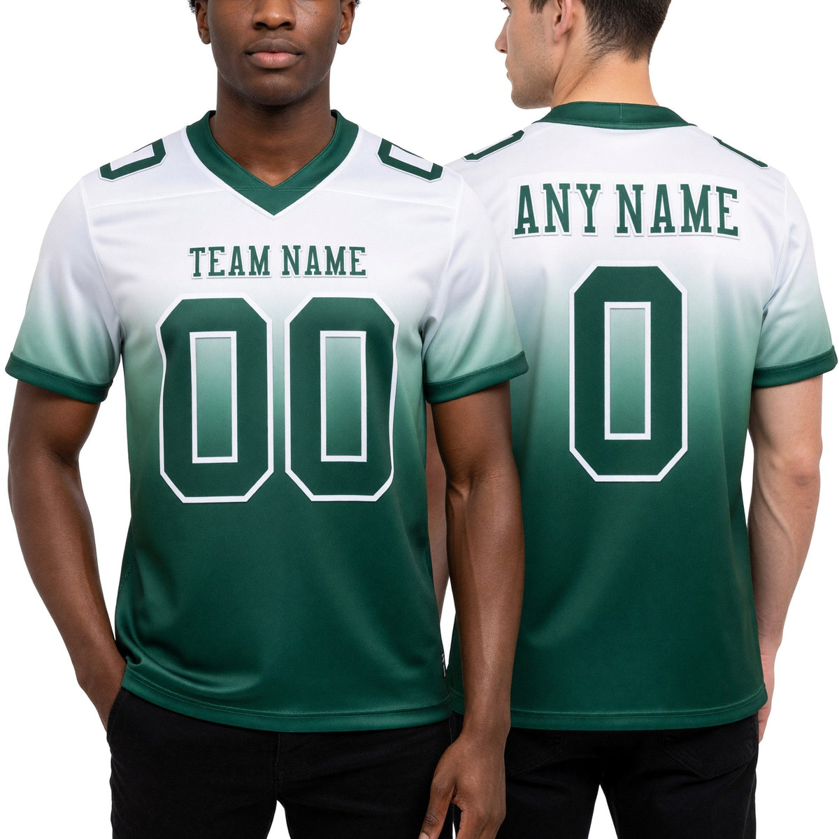 Custom White Green Authentic Fade Fashion Football Jersey worn front and back