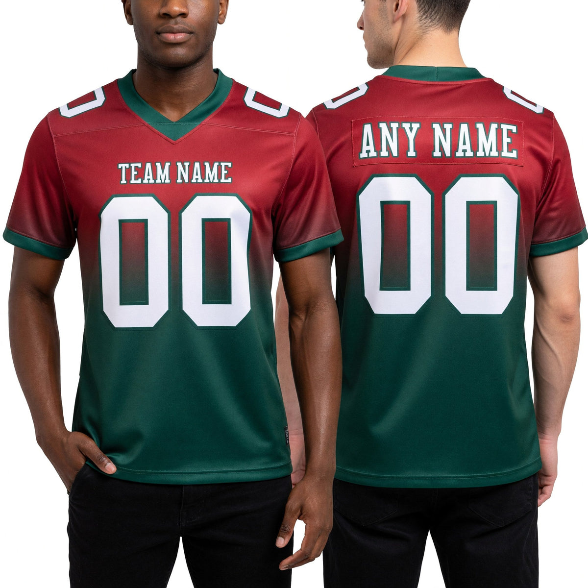Custom Red White-Green Authentic Fade Fashion Football Jersey worn front and back