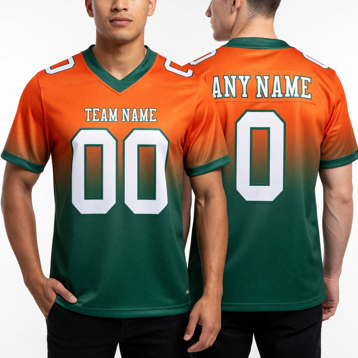 Custom Orange White-Green Authentic Fade Fashion Football Jersey worn front and back