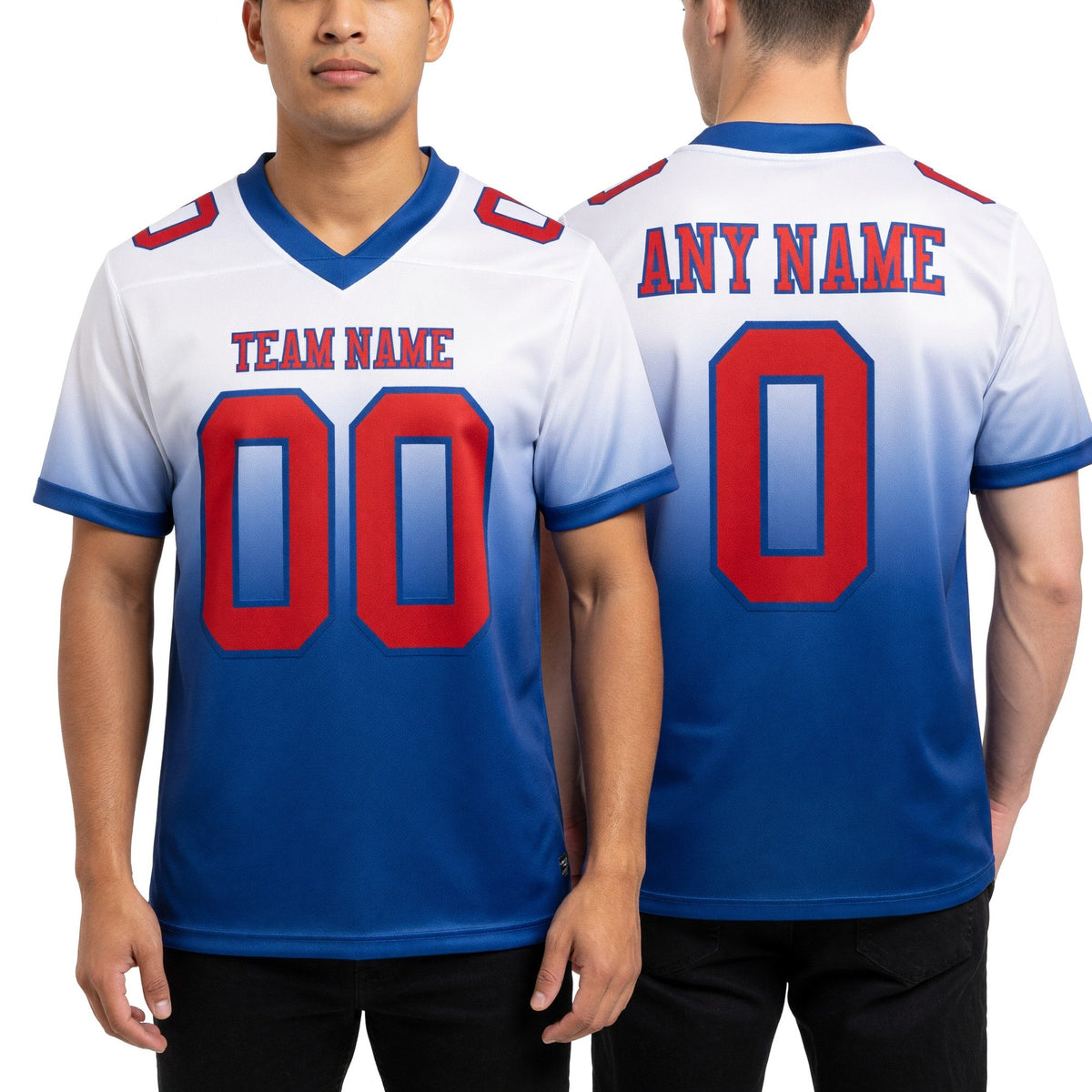 Custom White Red-Royal Authentic Fade Fashion Football Jersey worn front and back