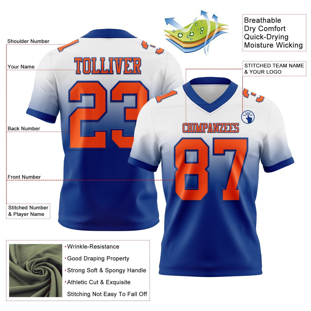 Custom White Orange-Royal Authentic Fade Fashion Football Jersey photo 2
