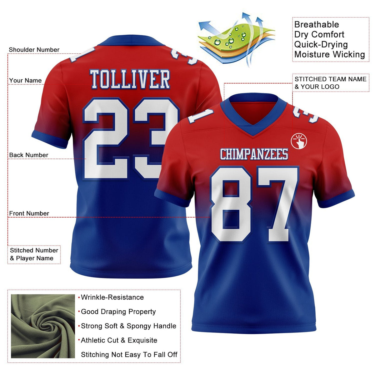 Custom Red White-Royal Authentic Fade Fashion Football Jersey photo 2