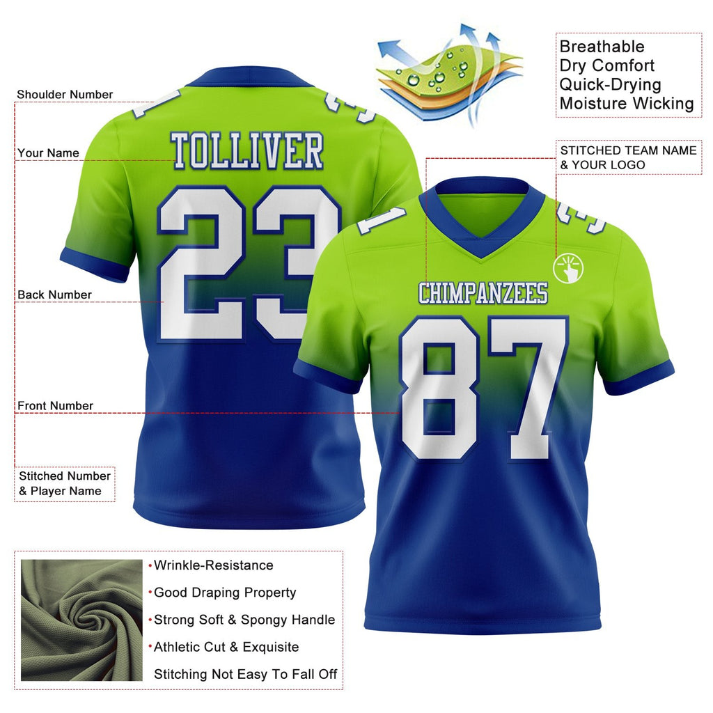 Custom Neon Green White-Royal Authentic Fade Fashion Football Jersey photo 2