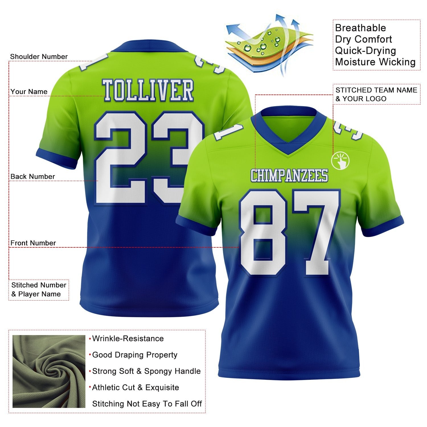 Custom Neon Green White-Royal Authentic Fade Fashion Football Jersey photo 2