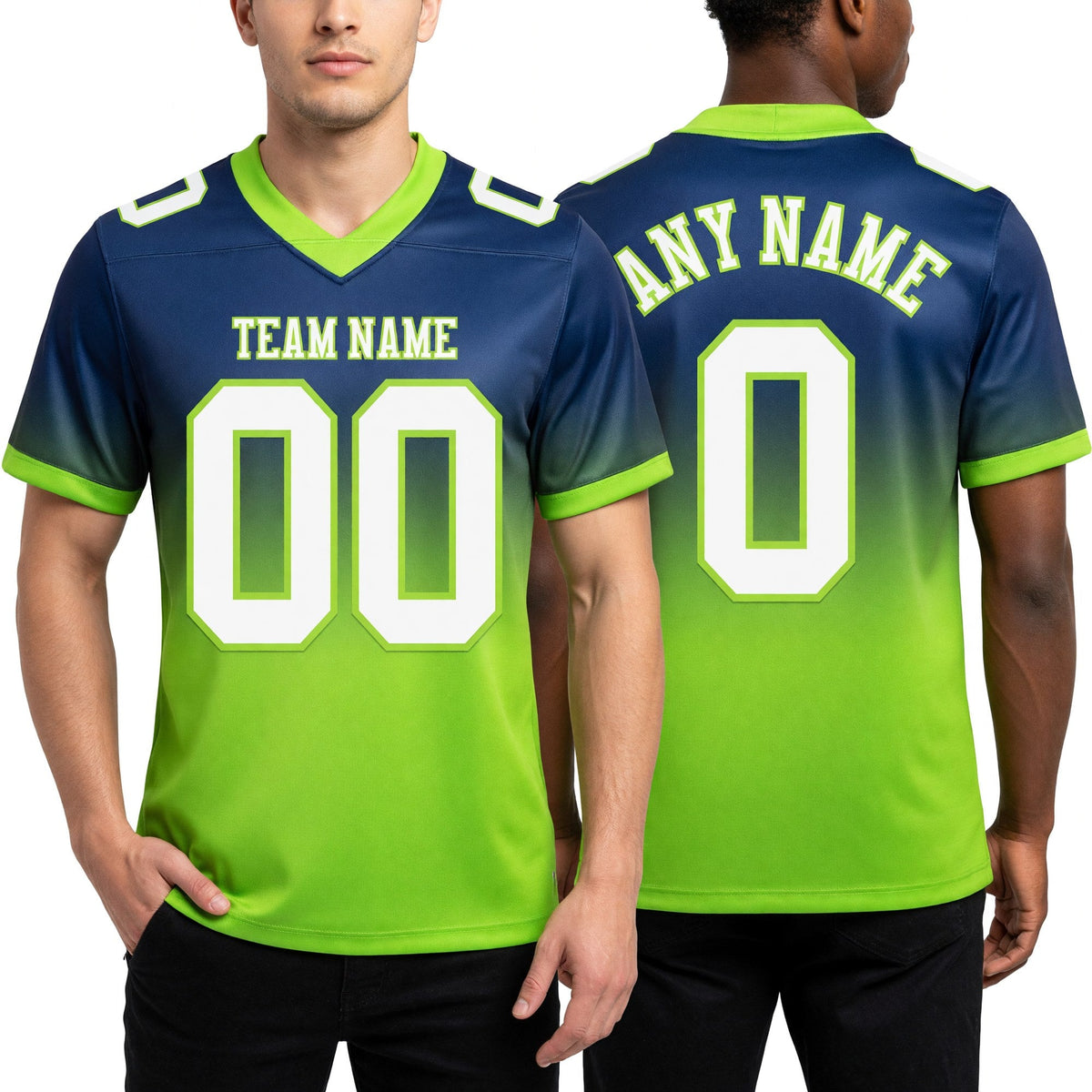 Custom Navy White-Neon Green Authentic Fade Fashion Football Jersey worn front and back