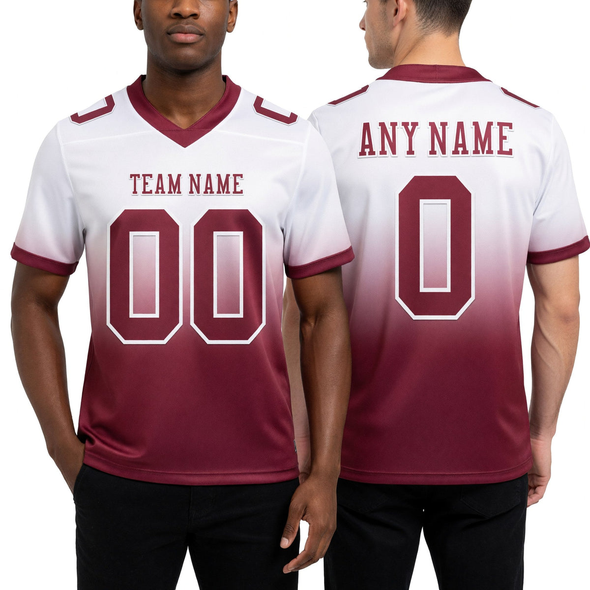 Custom White Burgundy Authentic Fade Fashion Football Jersey worn front and back
