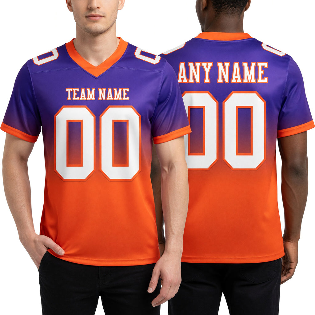 Custom Purple White-Orange Authentic Fade Fashion Football Jersey worn front and back