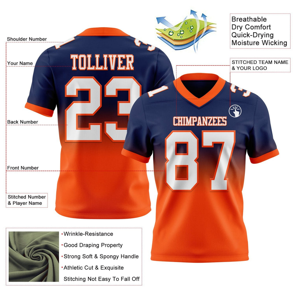 Custom Navy White-Orange Authentic Fade Fashion Football Jersey photo 2