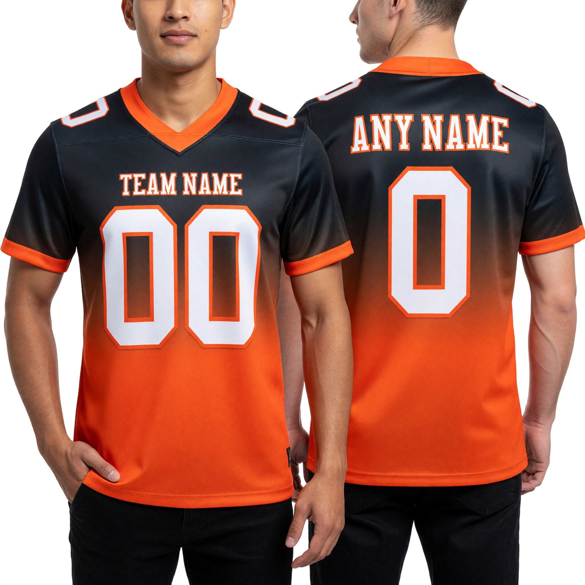 Custom Black White-Orange Authentic Fade Fashion Football Jersey worn front and back