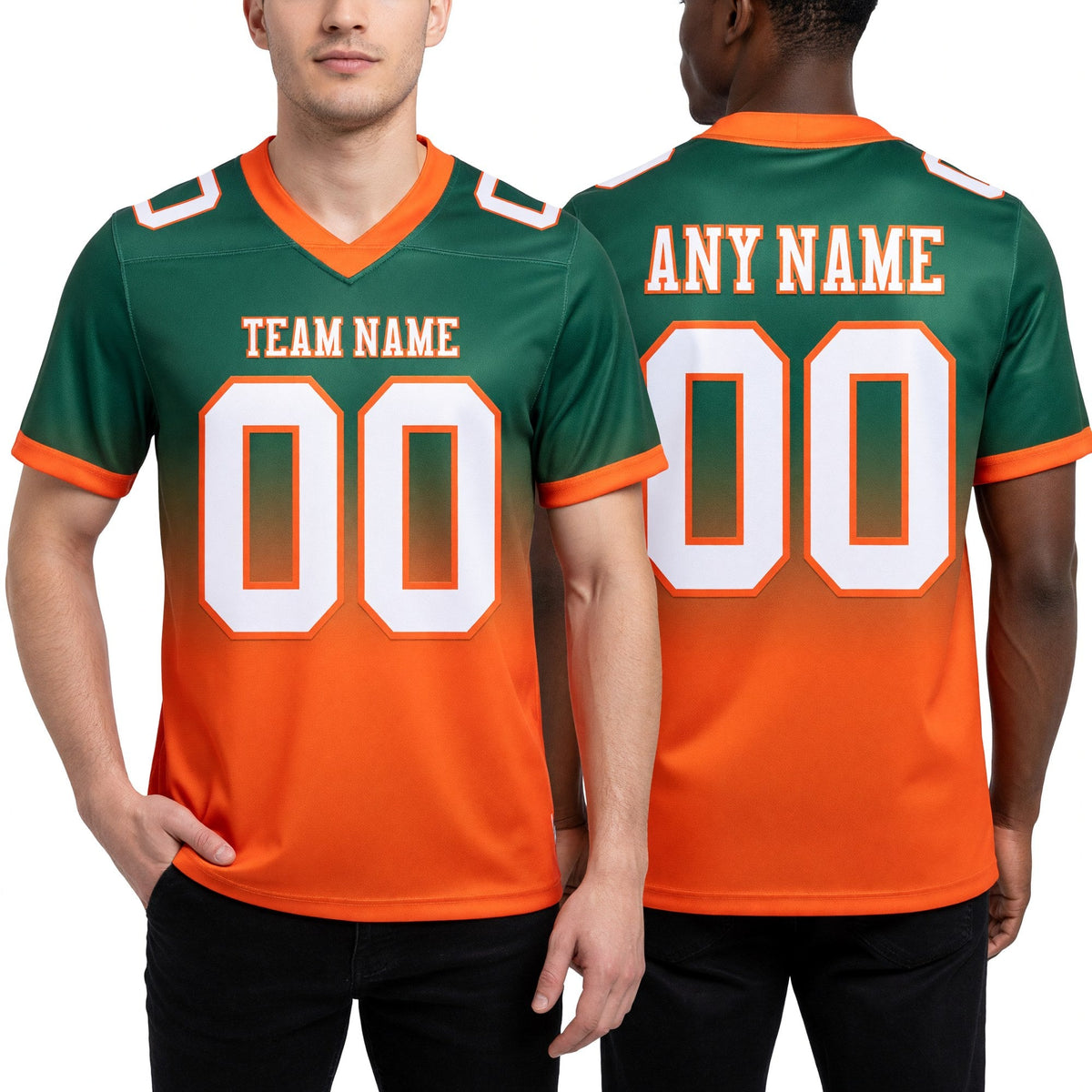 Custom Green White-Orange Authentic Fade Fashion Football Jersey worn front and back
