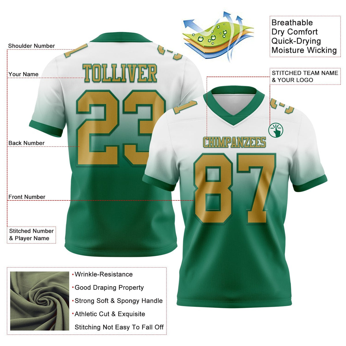 Custom White Old Gold-Kelly Green Authentic Fade Fashion Football Jersey photo 2