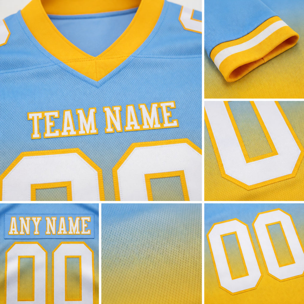 Custom Light Blue White-Gold Authentic Fade Fashion Football Jersey detail