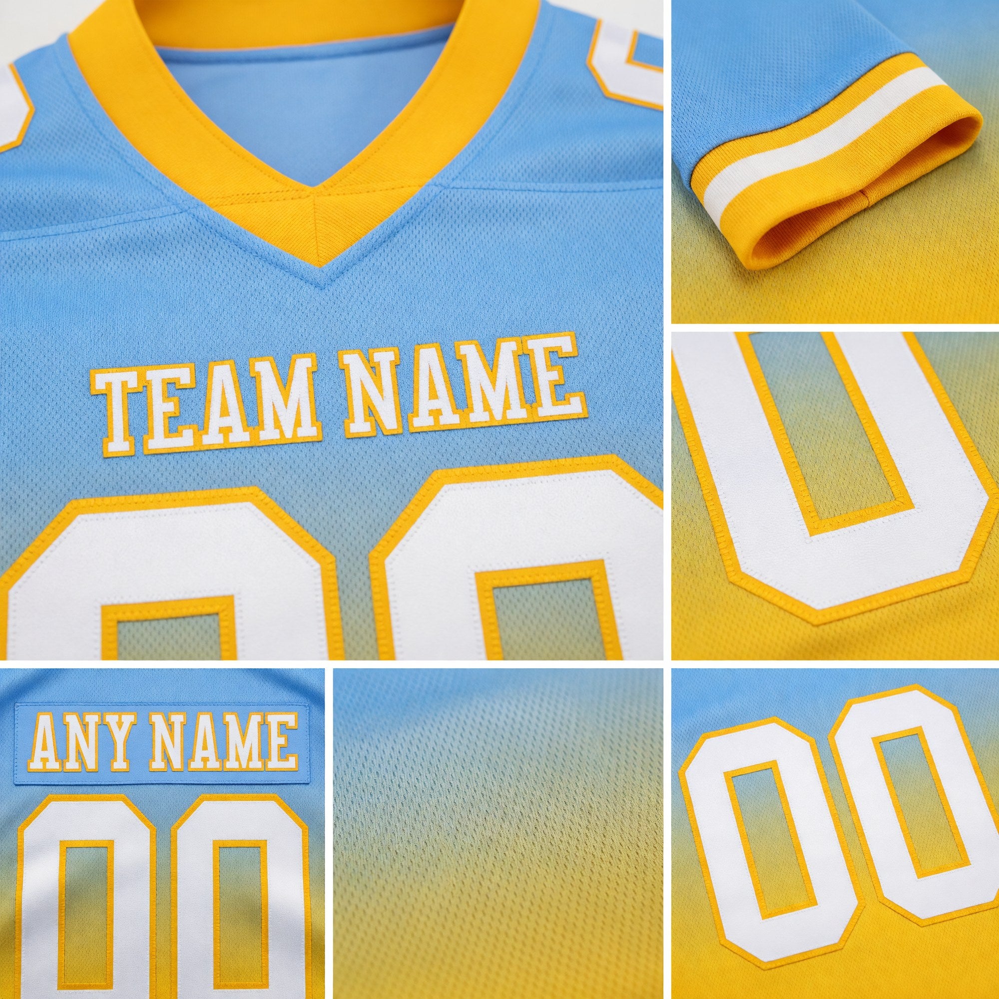 Custom Light Blue White-Gold Authentic Fade Fashion Football Jersey detail