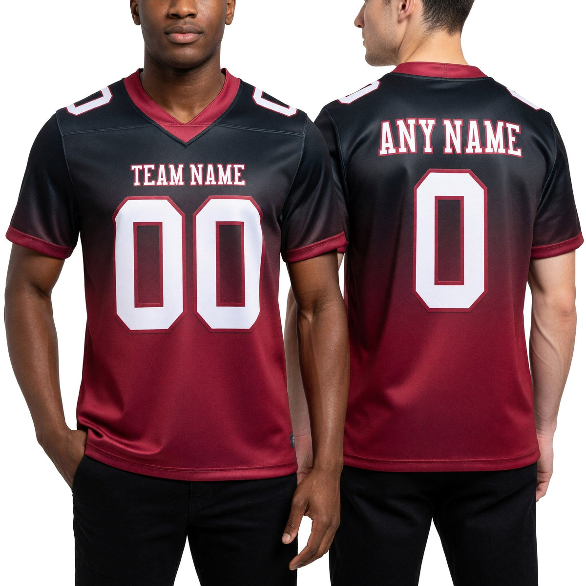 Custom Black White-Cardinal Authentic Fade Fashion Football Jersey worn front and back