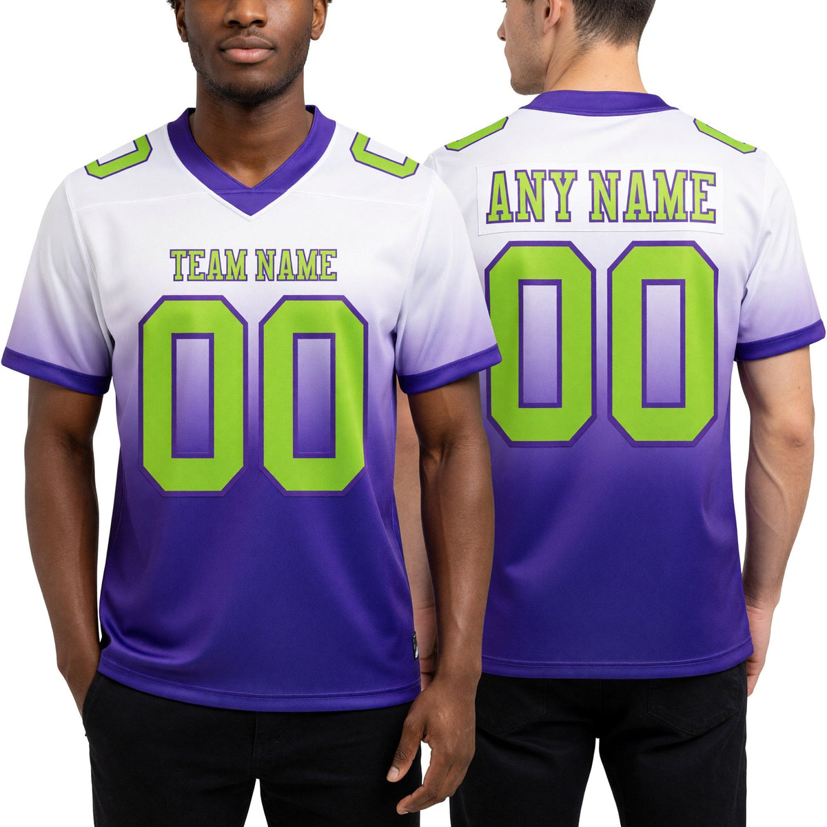 Custom White Neon Green-Purple Authentic Fade Fashion Football Jersey worn front and back