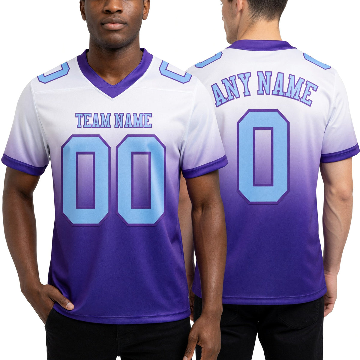 Custom White Light Blue-Purple Authentic Fade Fashion Football Jersey worn front and back