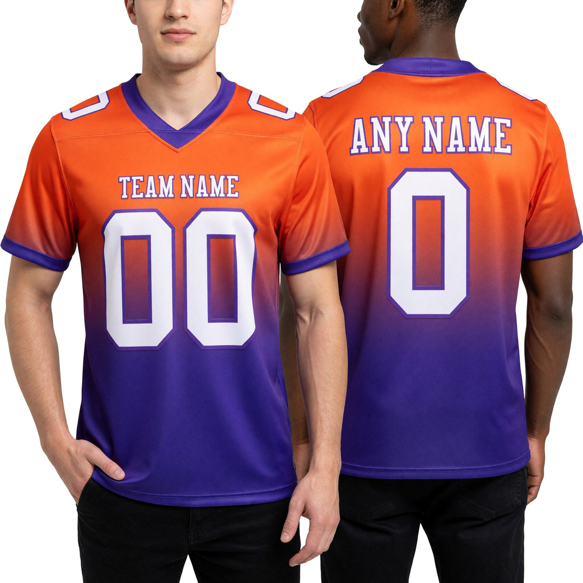 Custom Orange White-Purple Authentic Fade Fashion Football Jersey worn front and back