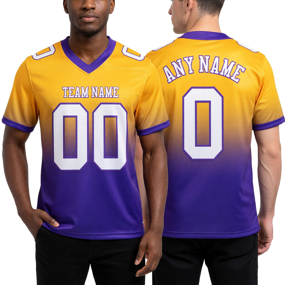 Custom Gold White-Purple Authentic Fade Fashion Football Jersey worn front and back