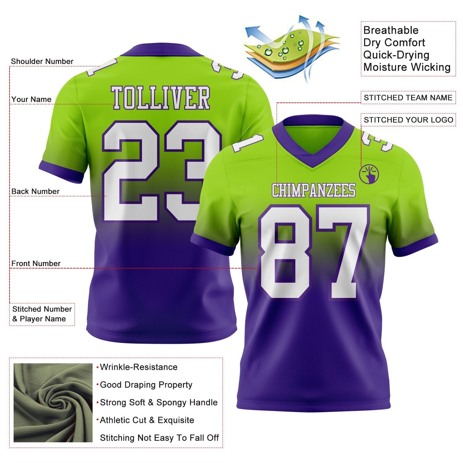 Custom Neon Green White-Purple Authentic Fade Fashion Football Jersey photo 2