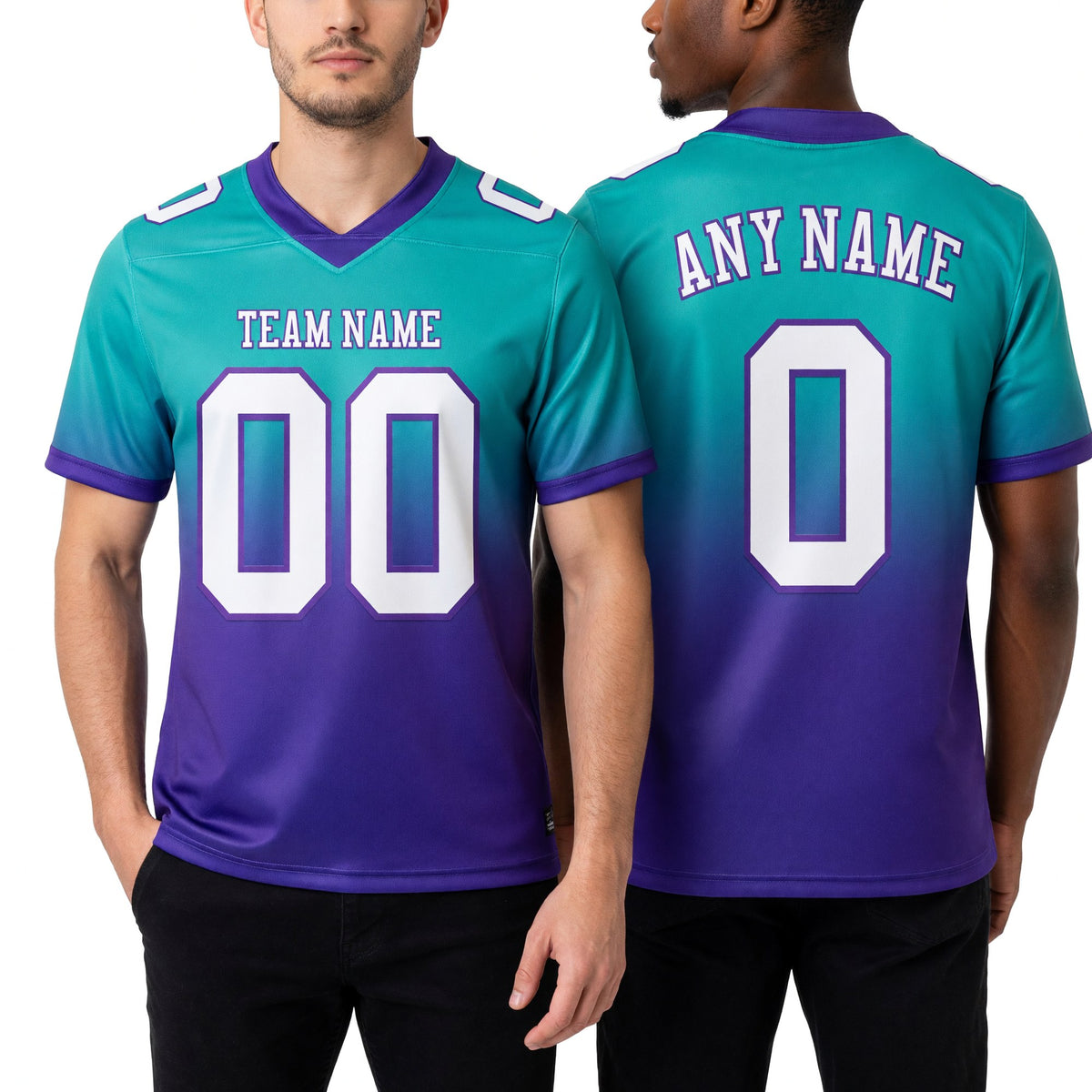 Custom Aqua White-Purple Authentic Fade Fashion Football Jersey worn front and back