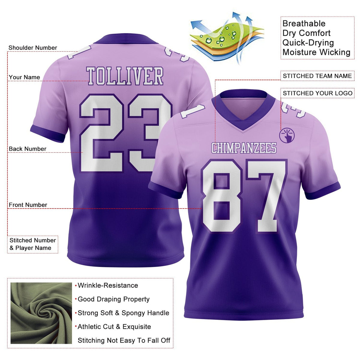 Custom Light Purple White-Purple Authentic Fade Fashion Football Jersey photo 2
