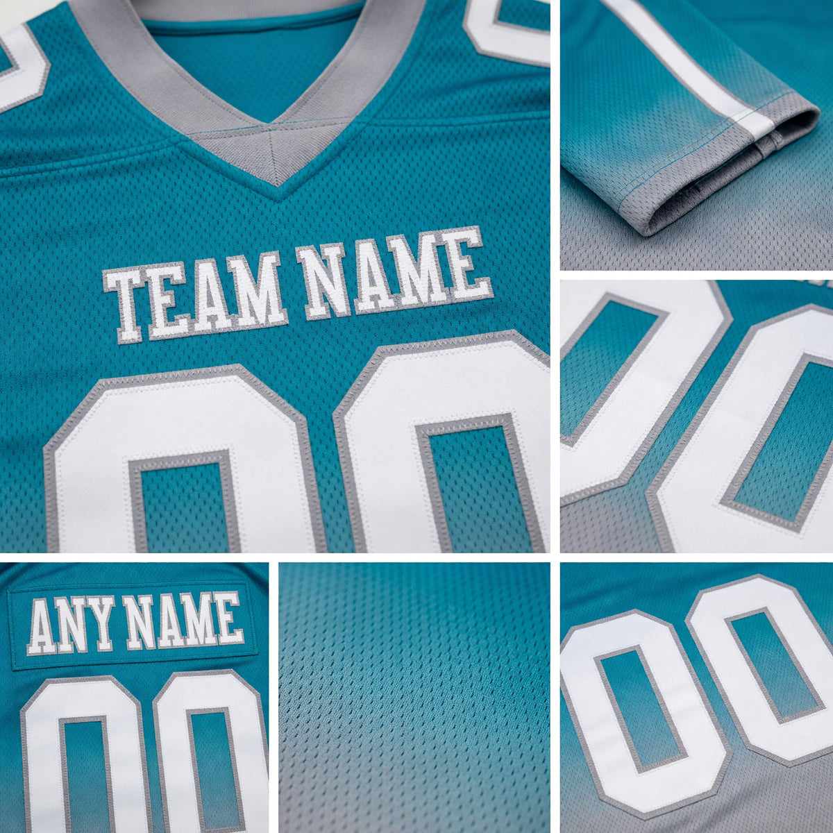 Custom Teal White-Gray Authentic Fade Fashion Football Jersey detail