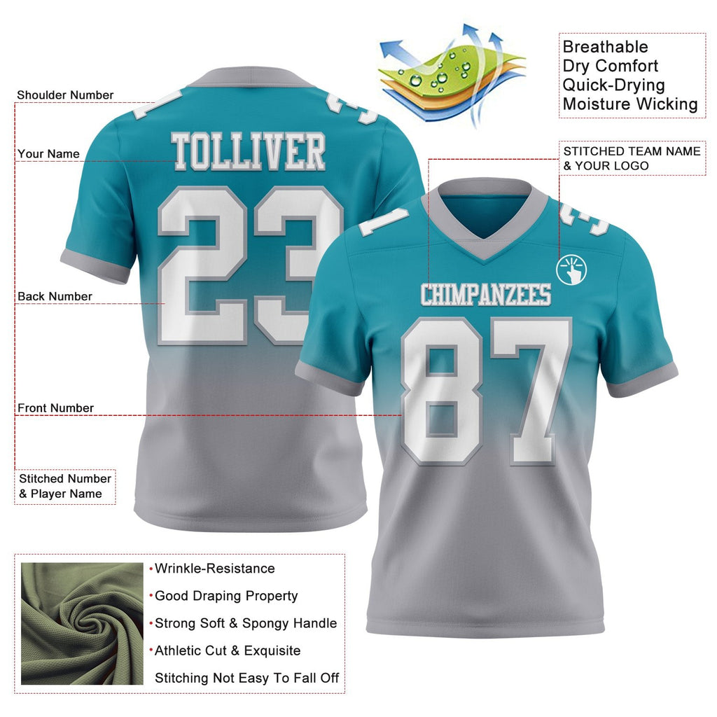 Custom Teal White-Gray Authentic Fade Fashion Football Jersey photo 2