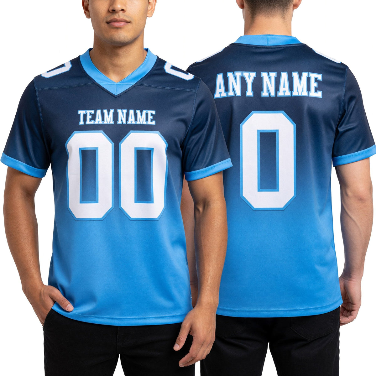 Custom Navy White-Powder Blue Authentic Fade Fashion Football Jersey worn front and back
