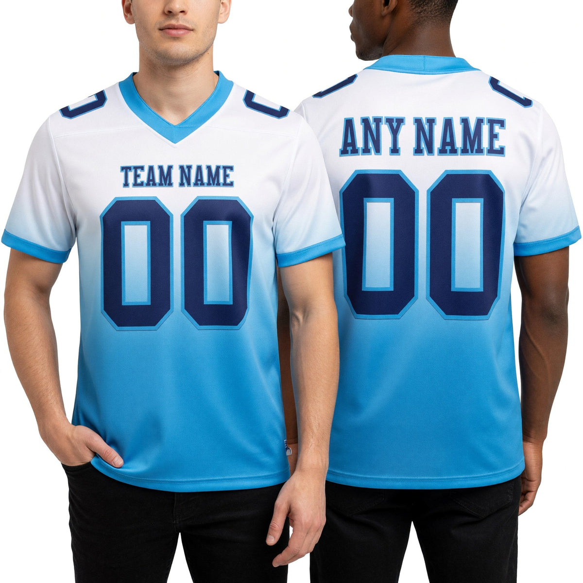 Custom White Navy-Panther Blue Authentic Fade Fashion Football Jersey worn front and back