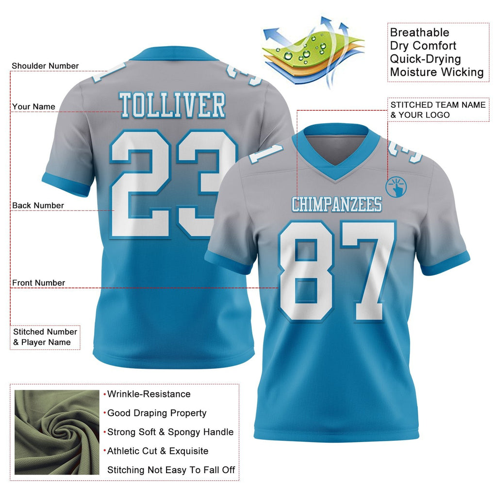 Custom Gray White-Panther Blue Authentic Fade Fashion Football Jersey photo 2