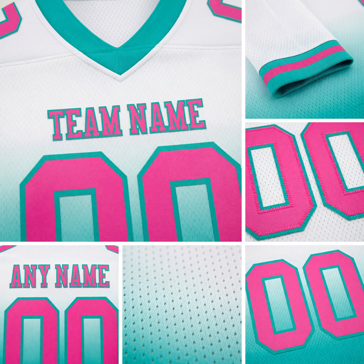 Custom White Pink-Aqua Authentic Fade Fashion Football Jersey detail