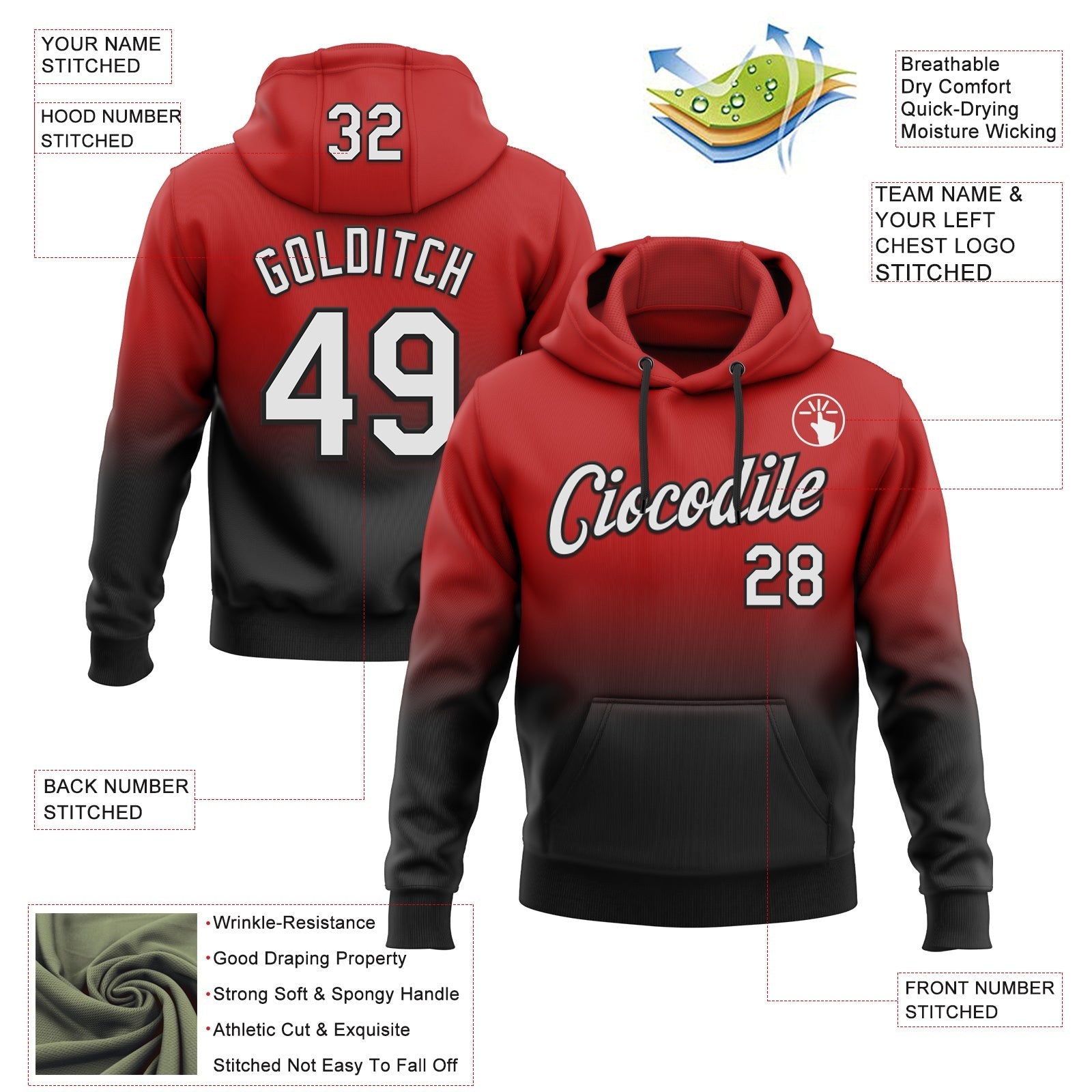 Custom Stitched Red White-Black Fade Fashion Sports Pullover Sweatshirt Hoodie photo 2