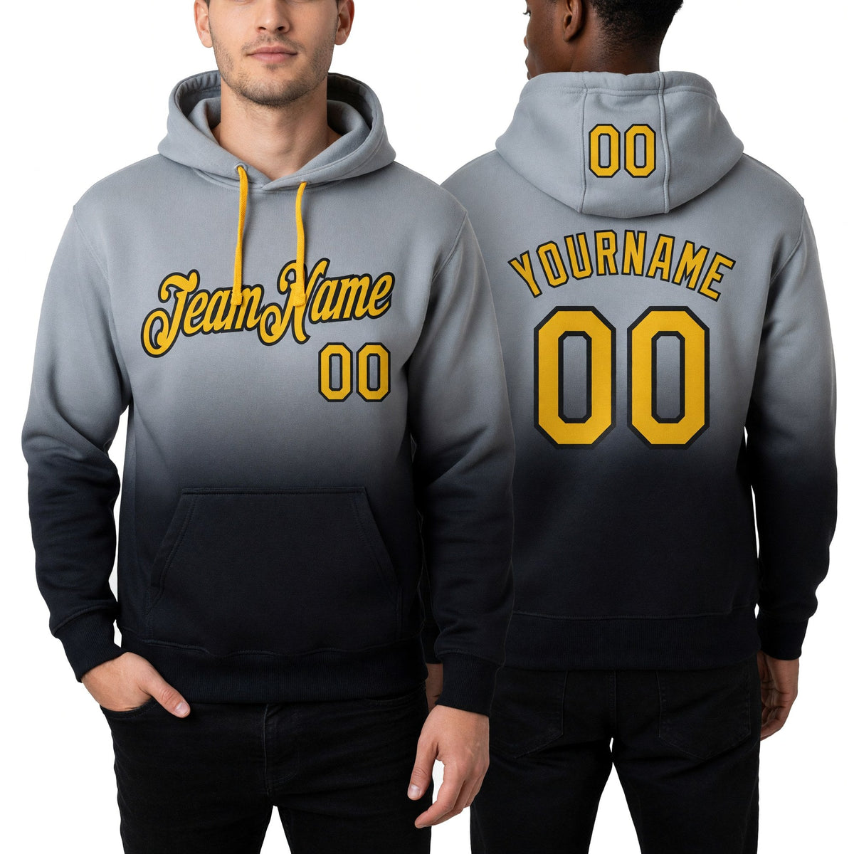 Custom Stitched Gray Gold-Black Fade Fashion Sports Pullover Sweatshirt Hoodie worn front and back