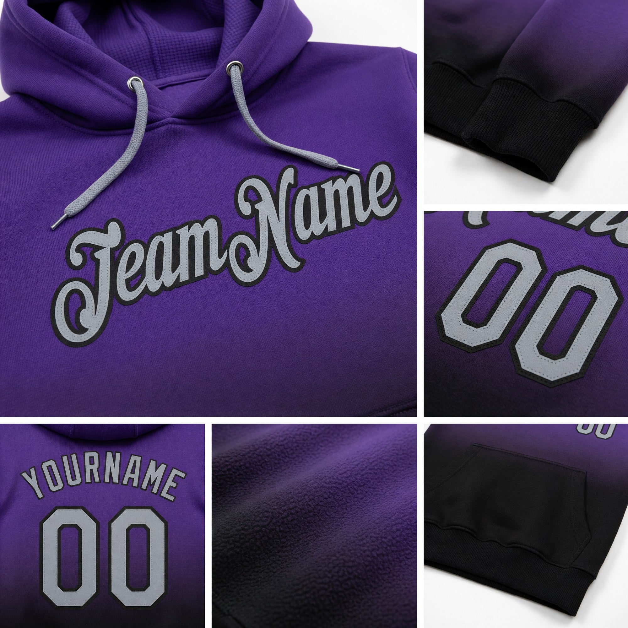 Custom Stitched Purple Gray-Black Fade Fashion Sports Pullover Sweatshirt Hoodie detail