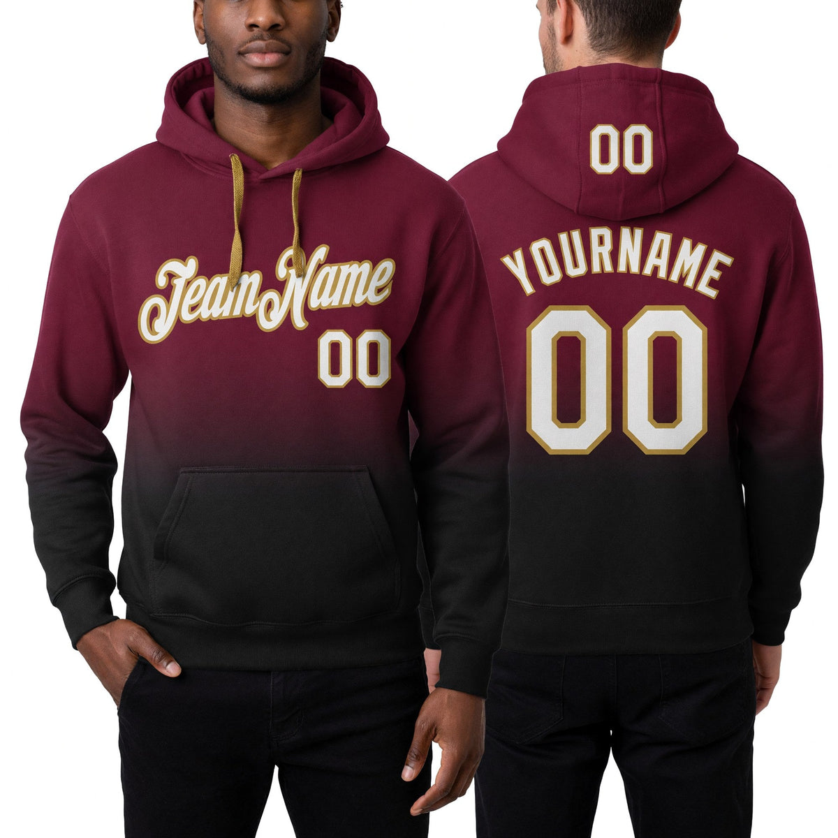 Custom Stitched Crimson White Black-Old Gold Fade Fashion Sports Pullover Sweatshirt Hoodie worn front and back