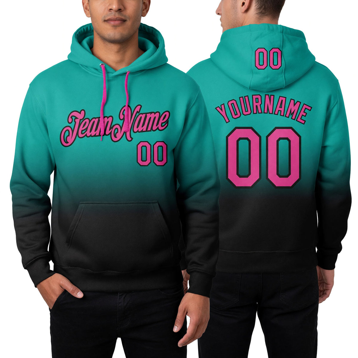 Custom Stitched Aqua Pink-Black Fade Fashion Sports Pullover Sweatshirt Hoodie worn front and back