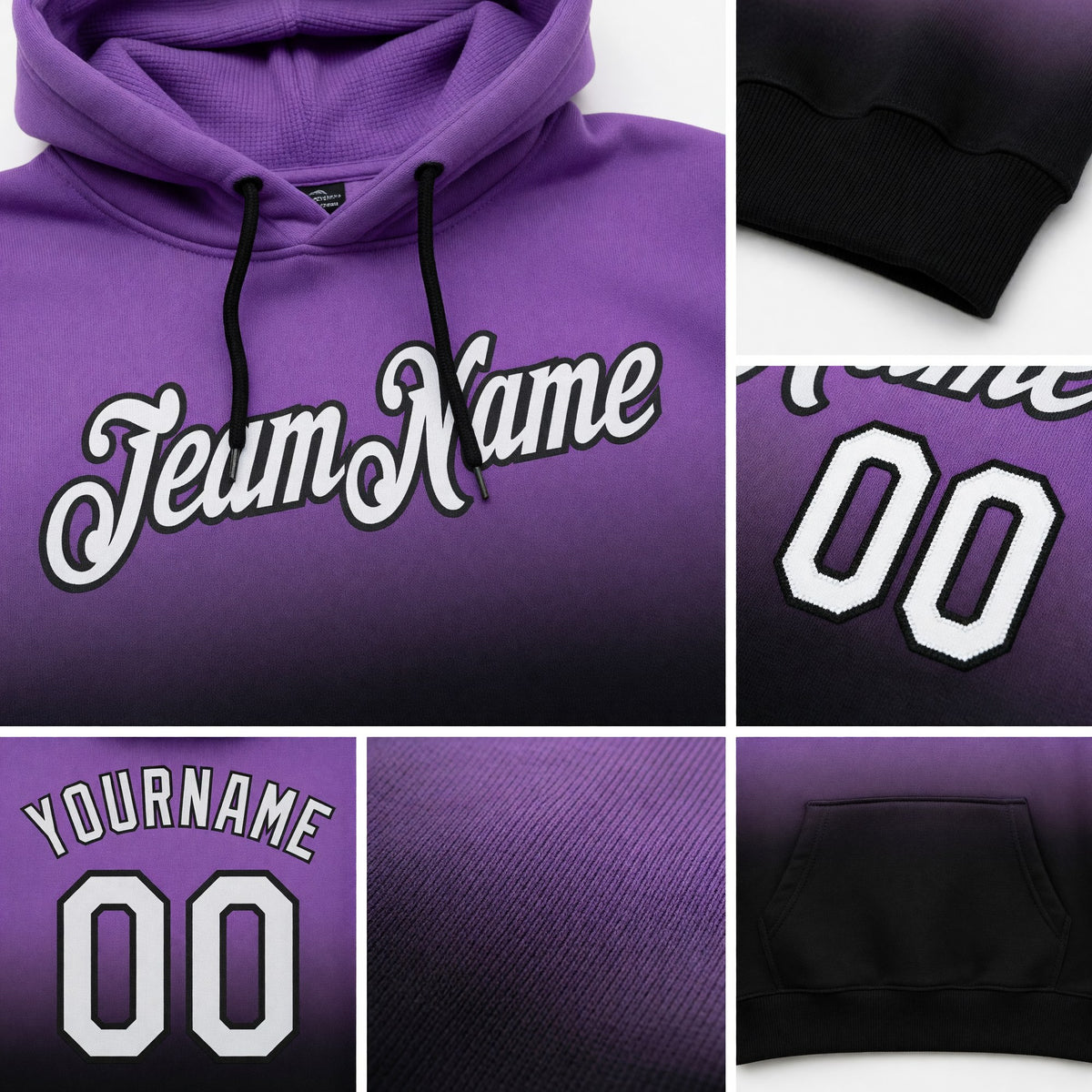 Custom Stitched Medium Purple White-Black Fade Fashion Sports Pullover Sweatshirt Hoodie detail