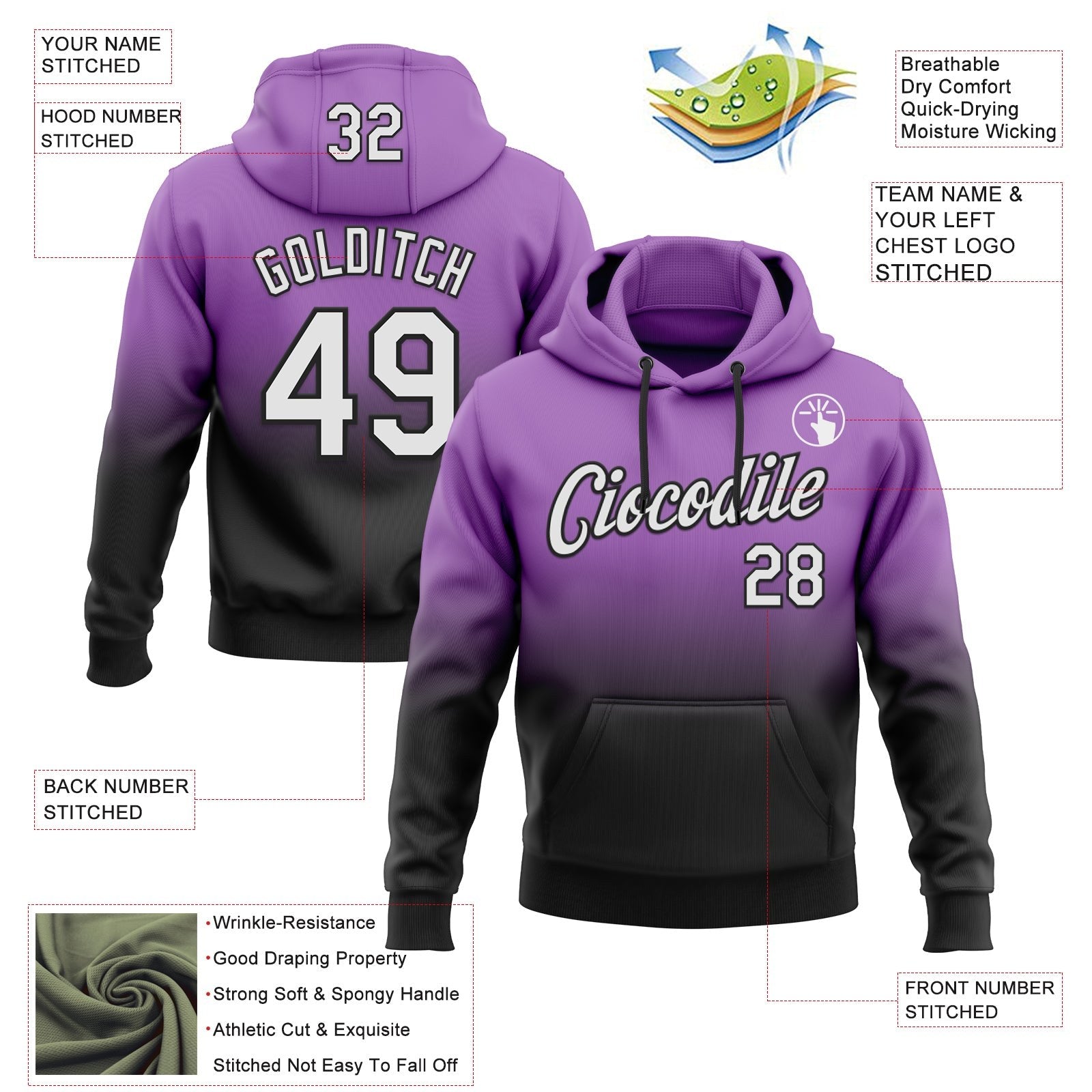 Custom Stitched Medium Purple White-Black Fade Fashion Sports Pullover Sweatshirt Hoodie photo 2