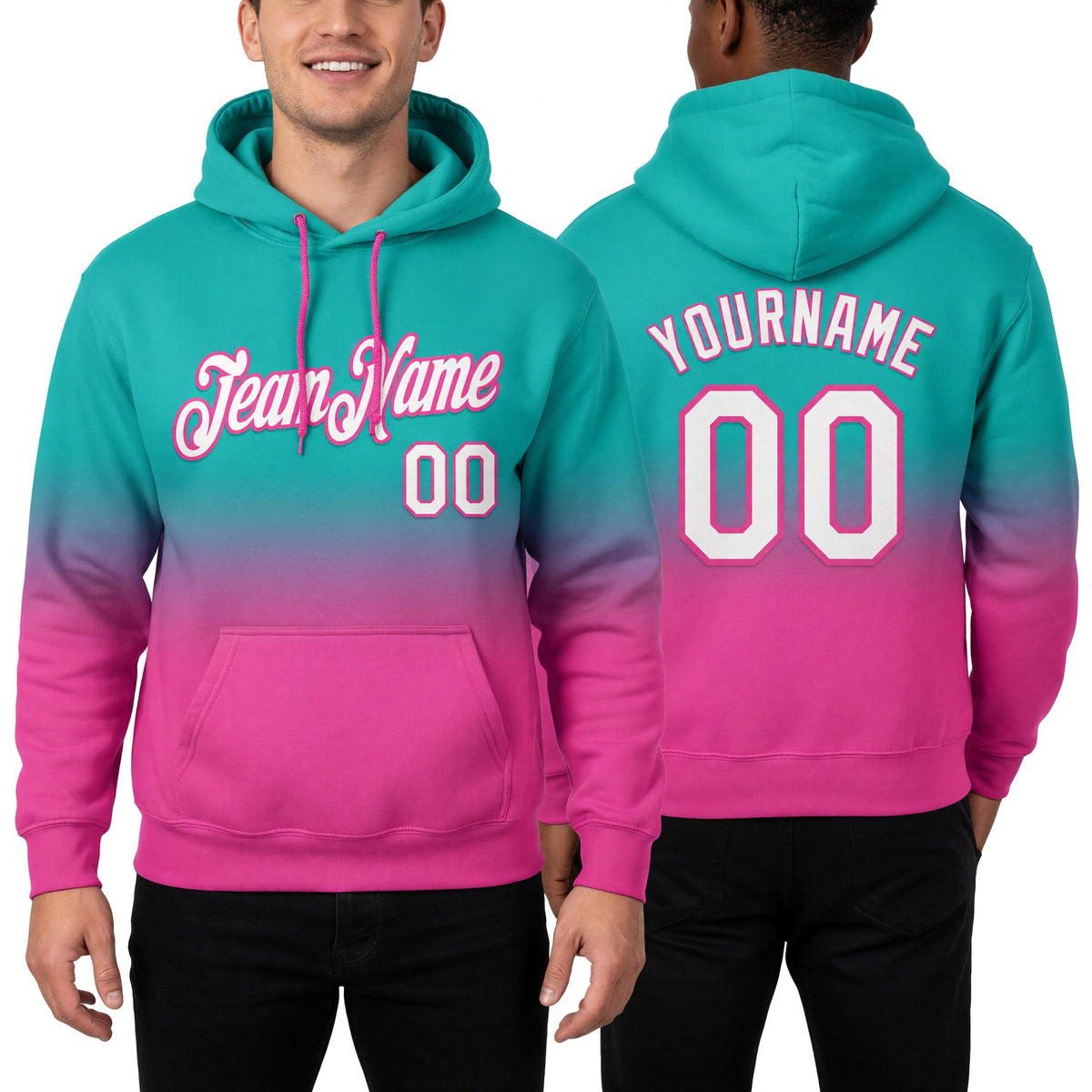 Custom Stitched Aqua White-Pink Fade Fashion Sports Pullover Sweatshirt Hoodie worn front and back