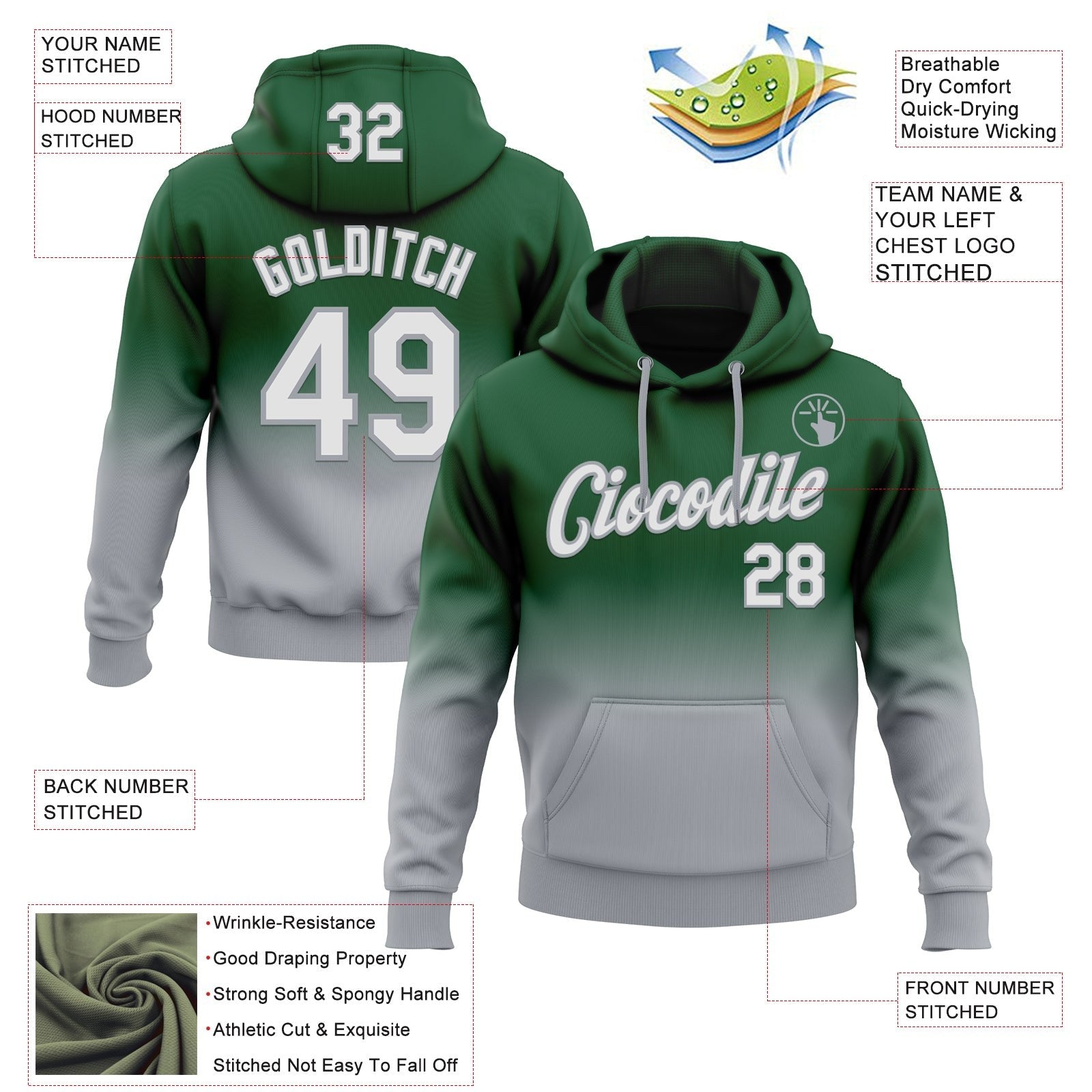 Custom Stitched Green White-Gray Fade Fashion Sports Pullover Sweatshirt Hoodie photo 2