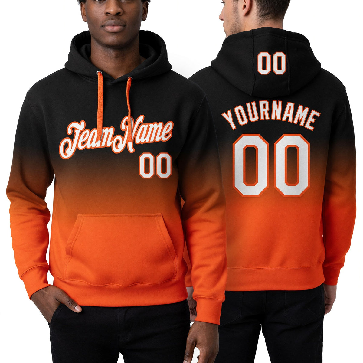Custom Stitched Black White-Orange Fade Fashion Sports Pullover Sweatshirt Hoodie worn front and back