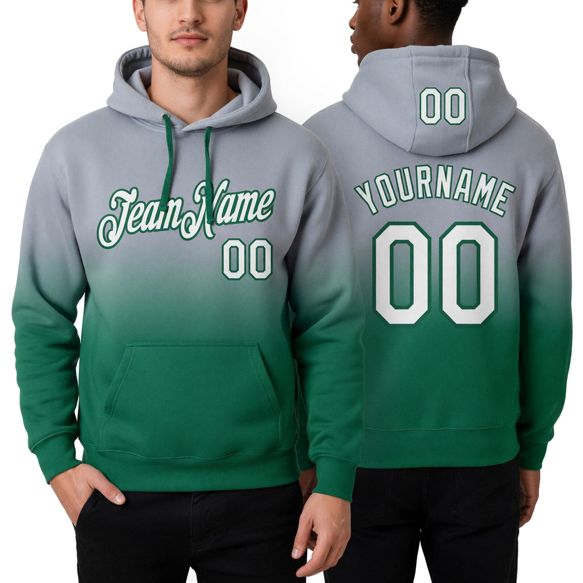 Custom Stitched Gray White-Kelly Green Fade Fashion Sports Pullover Sweatshirt Hoodie worn front and back