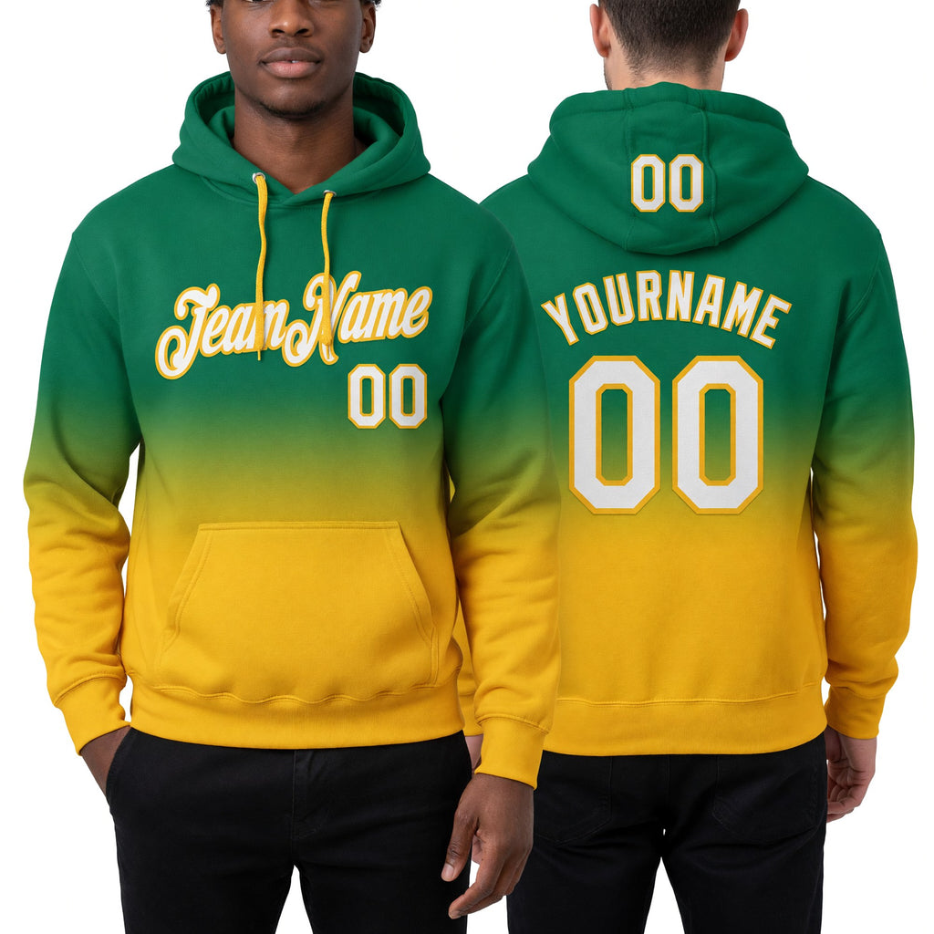 Custom Stitched Kelly Green White-Gold Fade Fashion Sports Pullover Sweatshirt Hoodie worn front and back