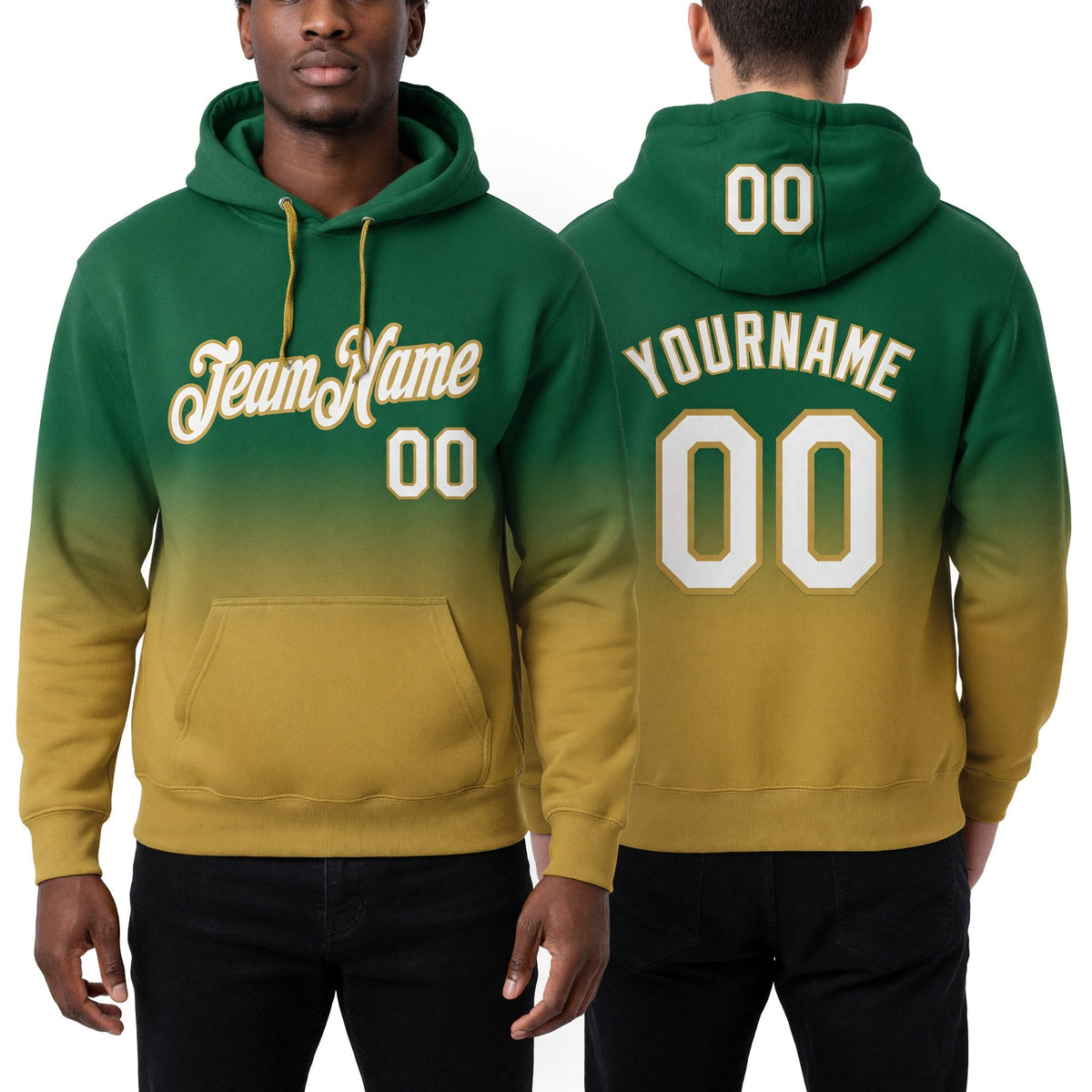 Custom Stitched Green White-Old Gold Fade Fashion Sports Pullover Sweatshirt Hoodie worn front and back