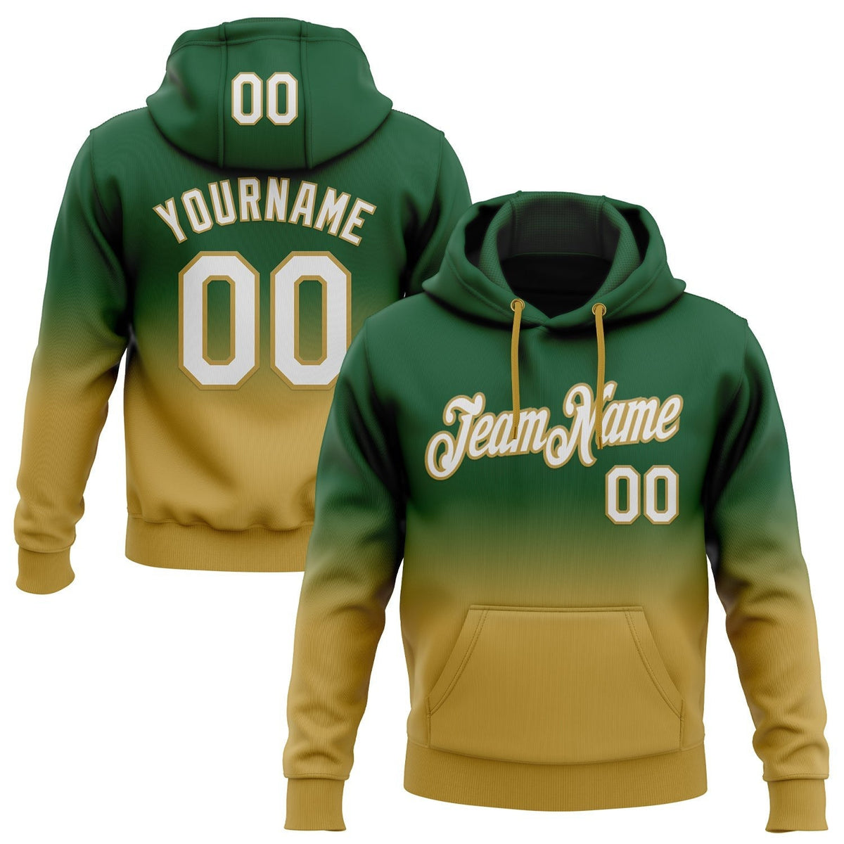 Custom Stitched Green White-Old Gold Fade Fashion Sports Pullover Sweatshirt Hoodie