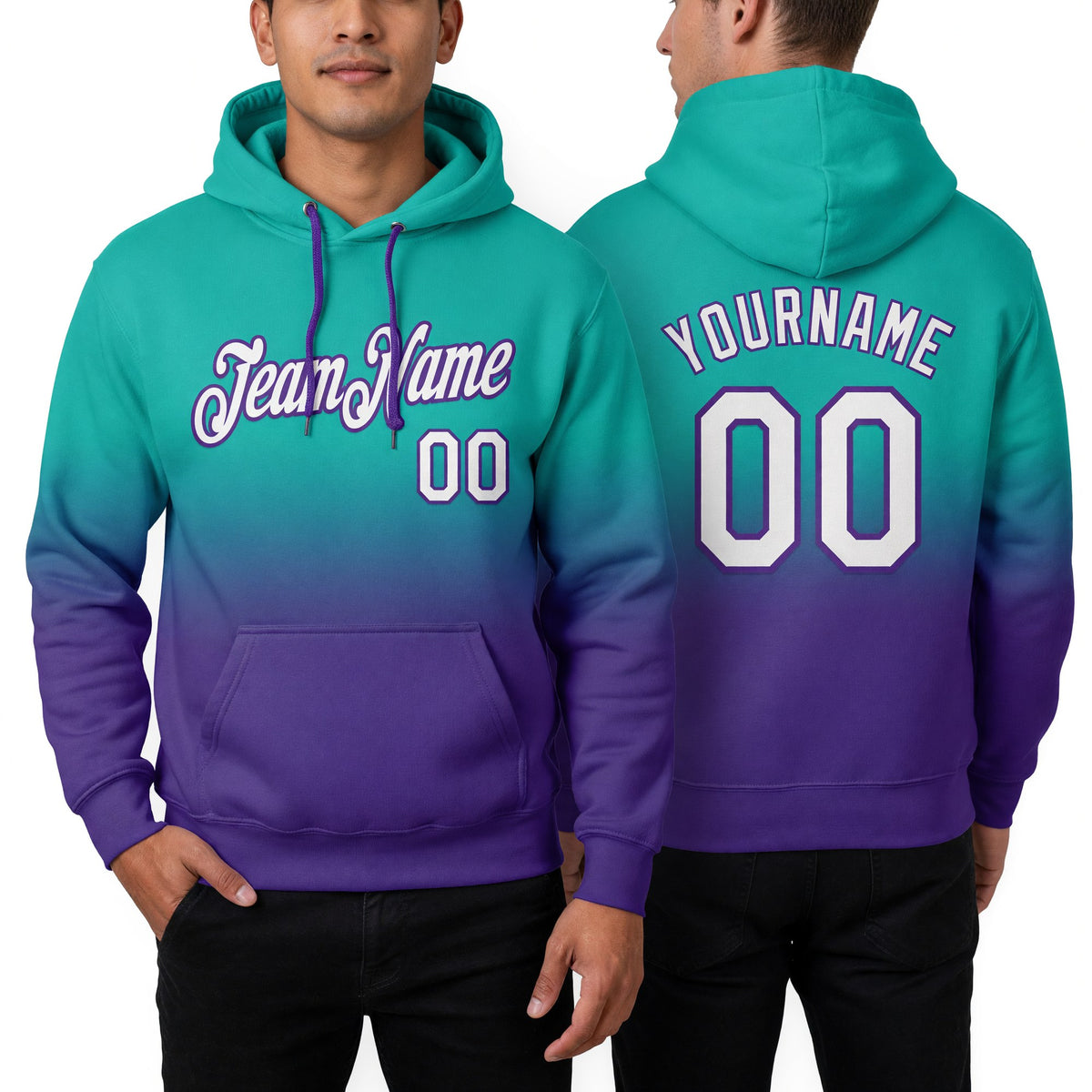 Custom Stitched Aqua White-Purple Fade Fashion Sports Pullover Sweatshirt Hoodie worn front and back