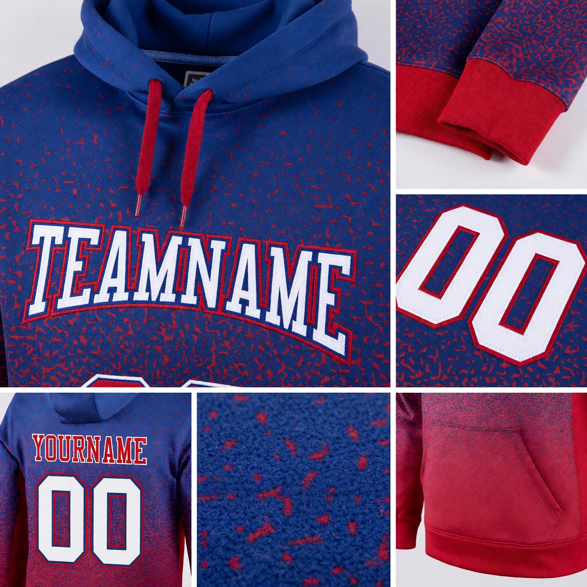Custom Stitched Royal White-Red Fade Fashion Sports Pullover Sweatshirt Hoodie detail